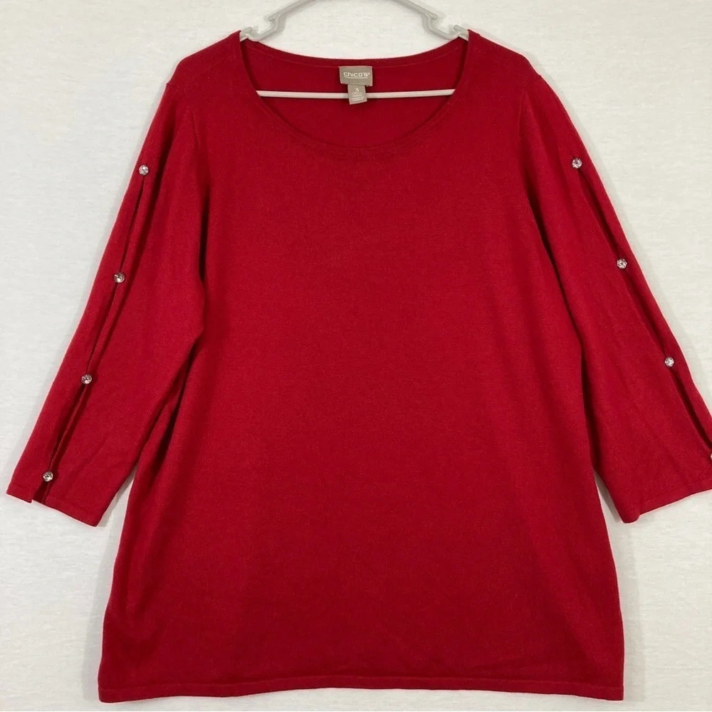 Chico's‎ Sweater size XL/3 Red Round Neck Button Accent Cut-out Sleeve Romantic
